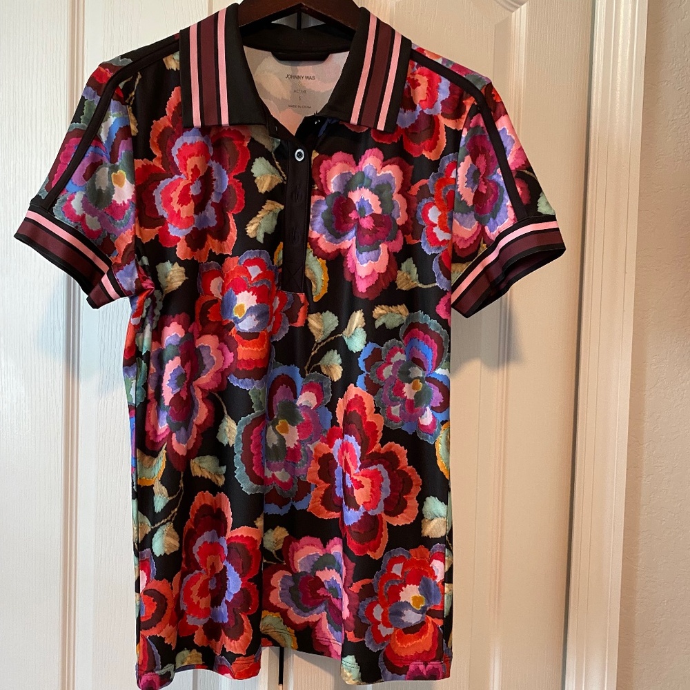 Johnny Was Floral Polo Shirt.                         (approx 18 x 25 1/2 )